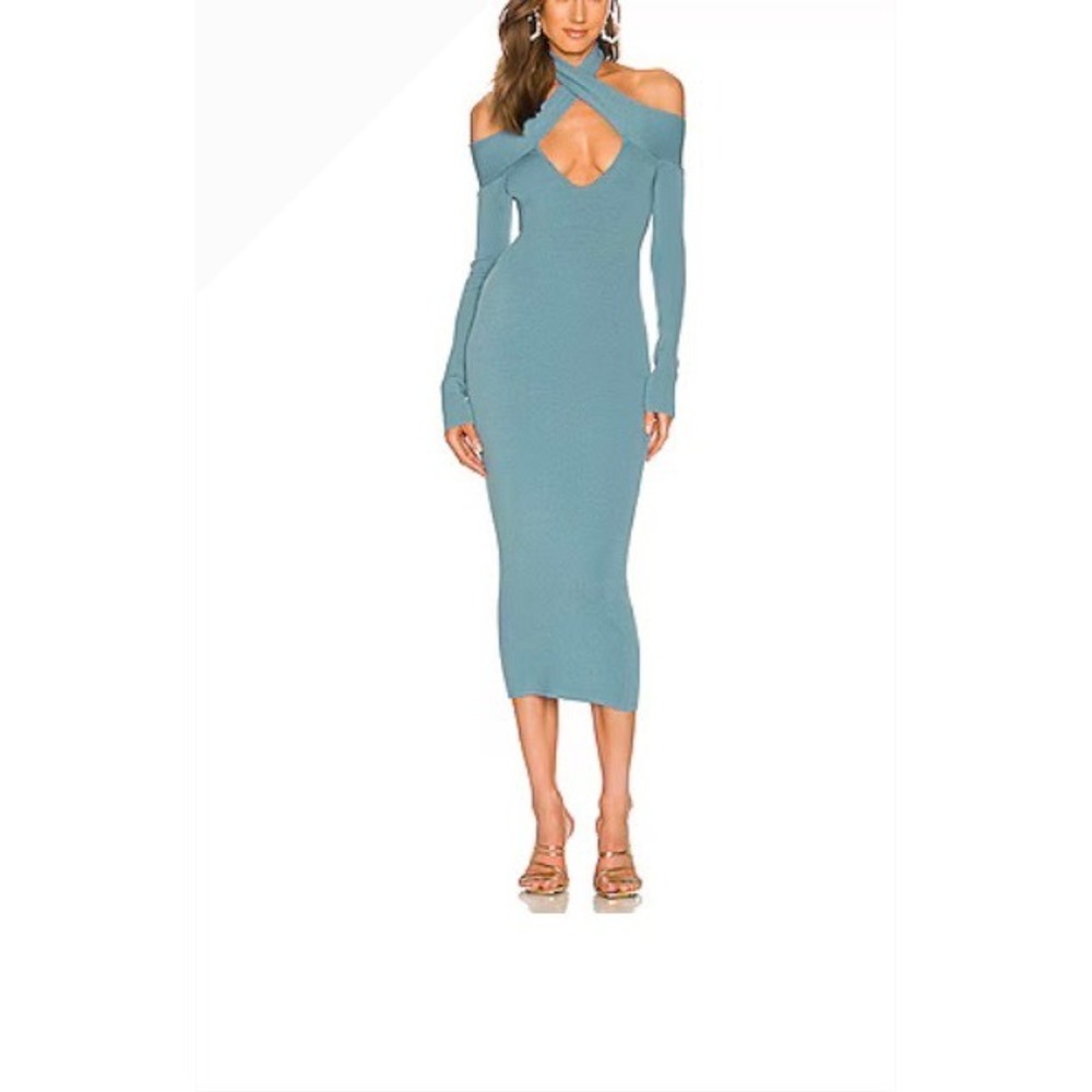 Michael Costello x REVOLVE Blue Ribbed Knit Crossover Halter Midi Dress XS NEW